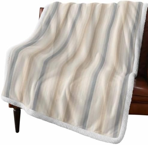 Fleece Sherpa Bed Blankets, Brown Gray Striped Microfiber Plush