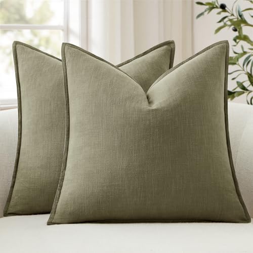 ANRODUO Decorative Linen Pillow Covers 22x22 Light Olive Green Pack of