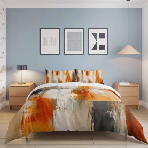 Orange Beige Gray Duvet Cover Queen Size Bedding Set 4 Pieces, 1