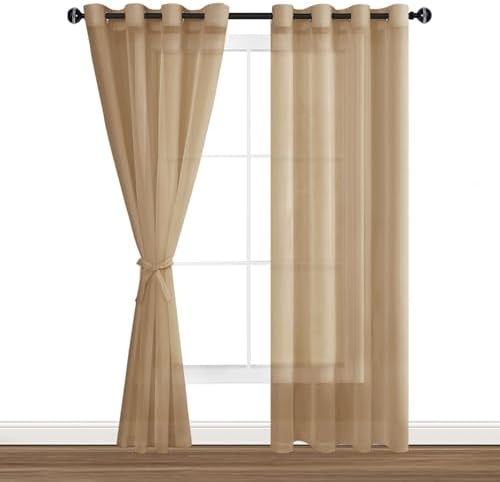 Hiasan Sheer Curtains 84 Inches Long with Tiebacks, Taupe, 2 Panels