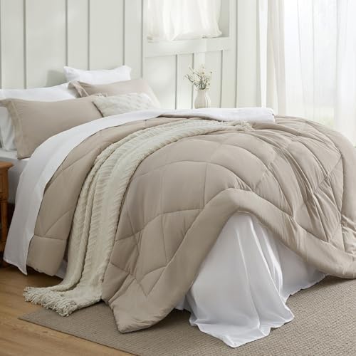 Bedsure Queen Bed in a Bag Reversible Bed Set 7 Pieces Beige/White