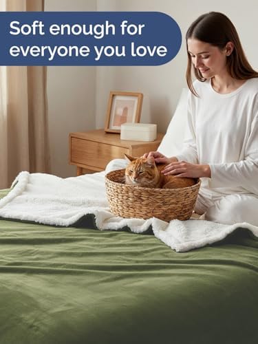 Sherpa Fleece Blanket Throw XL Size - Reversible Blanket - Olive, 50"