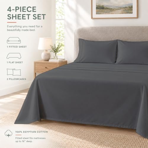 King Sheet Set, 4-Piece 16" Deep Pocket, Egyptian Cotton, Dark Grey