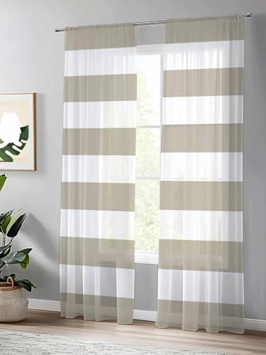 Sheer Curtains 108 inches Long 2 Panels Set Beige and White Stripe