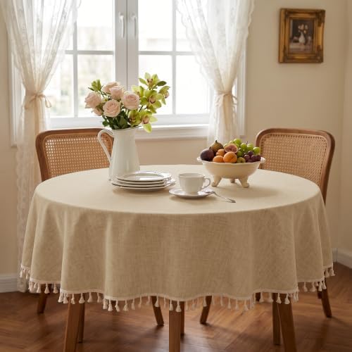 JIUZHEN Waterproof Linen Round Tablecloth with Beige Tassels