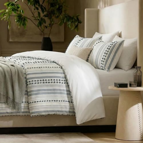 100% Cotton Duvet Cover Queen Size – Gray Yellow Striped Bedding Set