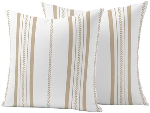 Outdoor Waterproof Pillow Covers 18x18 Inch Cream Stripes Pack of 2