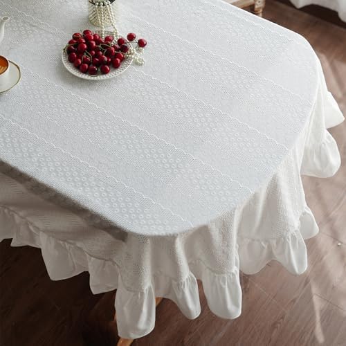 Oval Cotton Tablecloth Ruffled Lace Farmhouse, White 60" x 104"
