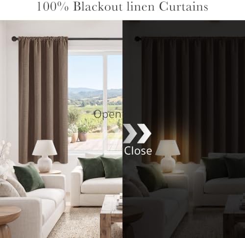 PONY DANCE Brown 100% Black Out Linen Curtains 72 Inches Long, 2