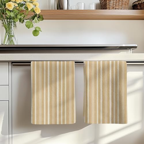 Brown Beige Striped Kitchen Towels Set of 3, Absorbent Dish Towels for