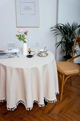Dining Table Tablecloth, 71 Inches Cotton Linen Round Solid Color with