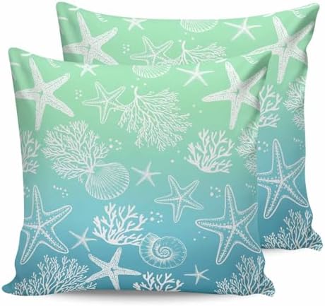 16x16 Pillow Covers Set of 2, Teal Blue Ombre Coastal Square Throw