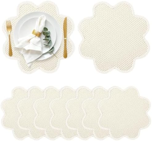 8 Pcs 15" Scalloped Woven Placemat Wavy Border Design, Beige