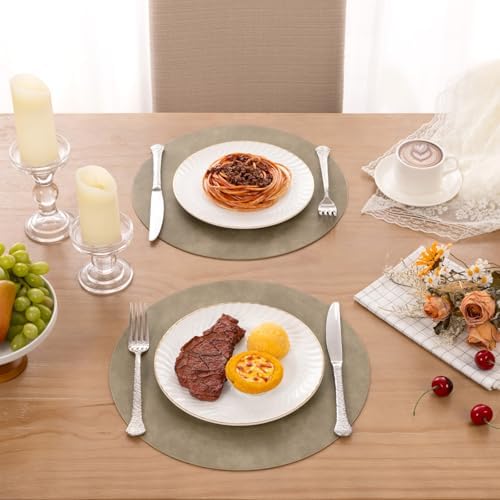 SHACOS Faux Leather 13" Round Placemats Set of 6 Heat Resistant, Khaki