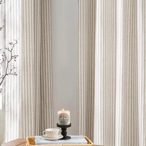 jinchan Linen Curtains 96 inch Taupe Stripe on Linen Grommet 2 Panels