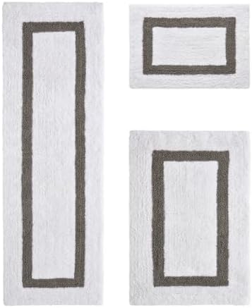 TRP Tufted Cotton White Gray Bathroom Rugs Sets 3 Piece