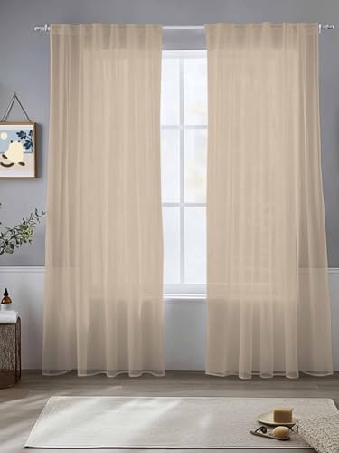Solid Color Sheer Curtains 108 Inches Long 2 Panels, Semi Sheer Rod