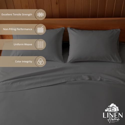 Linen Home 100% Cotton Percale Sheets King Size, Smoky Charcoal, Deep