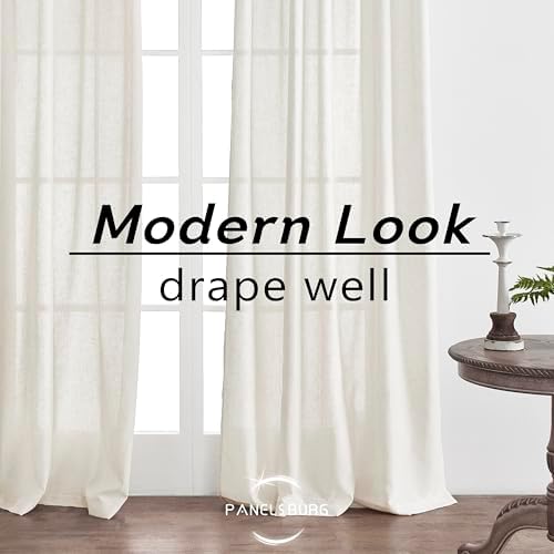Linen Cotton Blend Curtains 63 Inch Length, Semi Sheer Hooks Rod