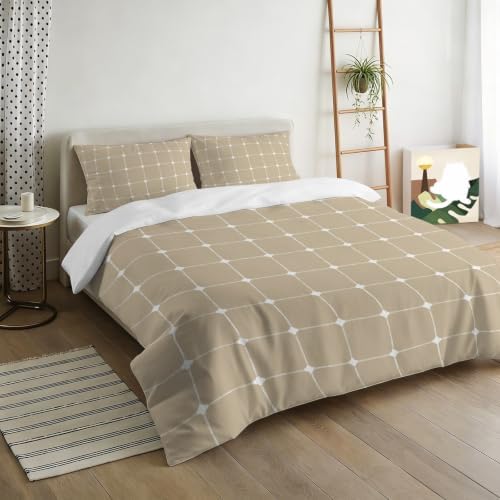 Taupe Gingham Duvet Cover Full Size, Modern Minimalist Geometric Plaid