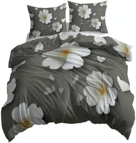 Duvet Cover Set Zipper Closure Gray Queen Quilt Cover Set 3D Floral