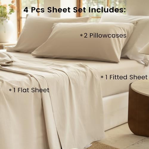 BISELINA 100% Washed Cotton Sheet Set 3 Pcs - 1 Fitted Sheet, 1 Flat