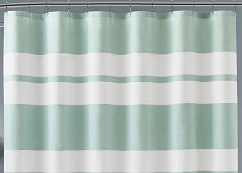 Warm Home Designs White Waffle Shower Curtain with Green Stripes. W