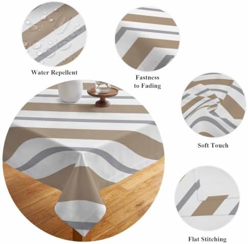 Beige Grey Stripe Waterproof Tablecloth Rectangle Washable Table
