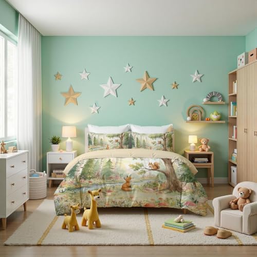 Sage Green Fairy Tale Animal Forest Duvet Cover Set For Women Girls