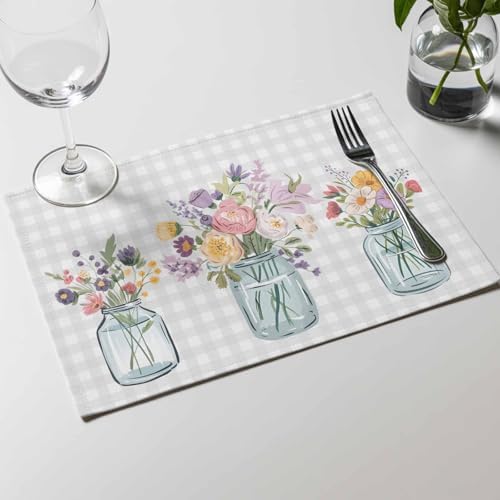 Placemats Set of 8, Farm Watercolor Flower Bottle Washable Table Mats