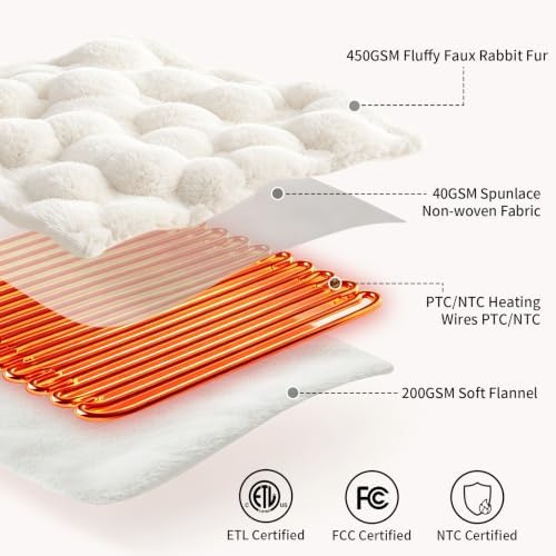 Fluffy Faux Fur Heated Blanket King Size,Cream,90"x100"