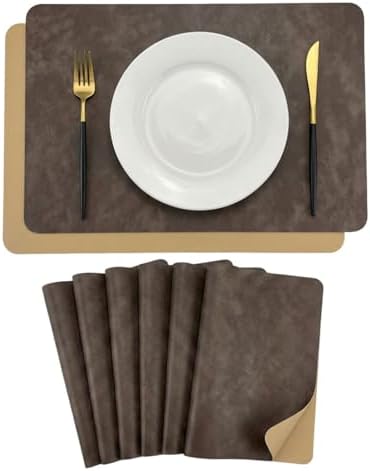 Faux Leather Placemats Set of 6, Taupe & Brownish Yellow