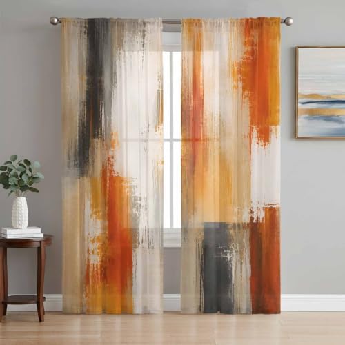 Orange Beige Gray Sheer Curtains 63 Inches Long, Bohemia Modern Simple