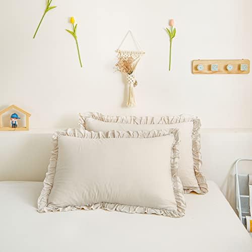 Cream King Ruffled Shams - Set of 2, Cute Solid Fringe Design, Beige