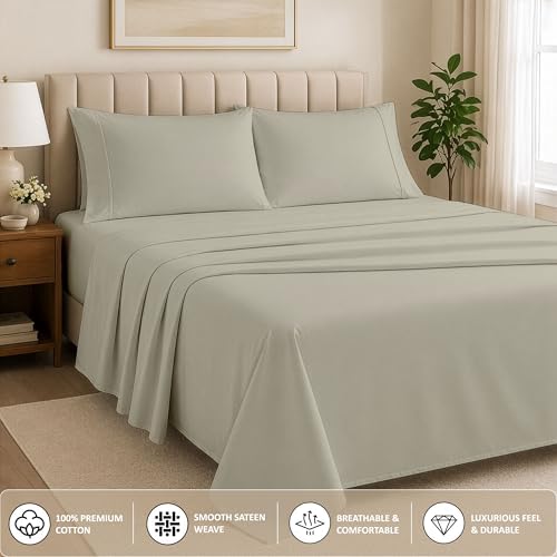 100% Cotton, Queen Flat Sheet & Pillowcase 3PCs Set, Beige