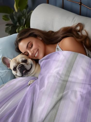 Cal King Size Flat Sheet Only, Gradient Purple and Gray Stripes Bed