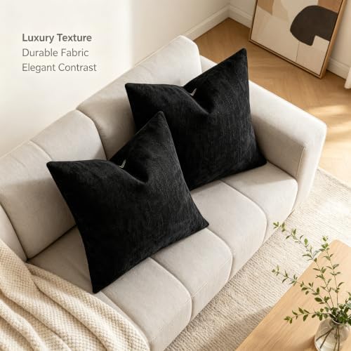 Chenille Decorative Throw Pillow Covers 18x18 Set of 2 Black