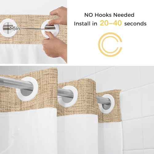 Light Tan Linen Weave No Hook Shower Curtain with Snap in Liner
