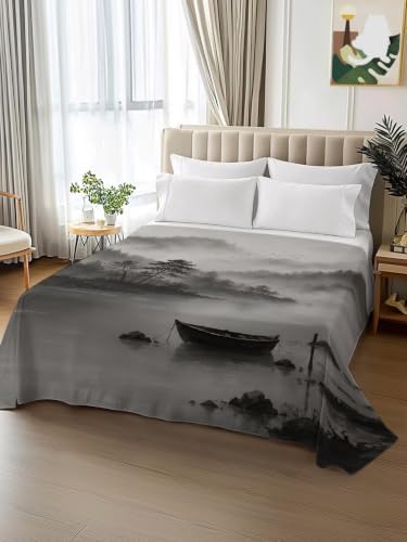 Cal King Size Flat Sheet Only, Foggy Forest Mountain Tree Boat on Lake