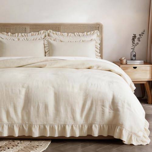 100% French Linen Ruffle Duvet Cover Set 3pcs, Soft Breathable Natural