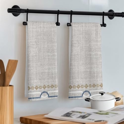 Ivory White Farmhouse Kitchen Towel Linen Texture Geometric Lines