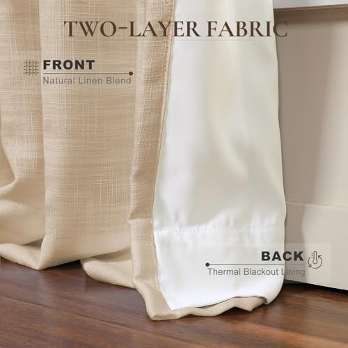 TWOPAGES Faux Linen Sand Beige Curtain 96 Inches Length Thermal