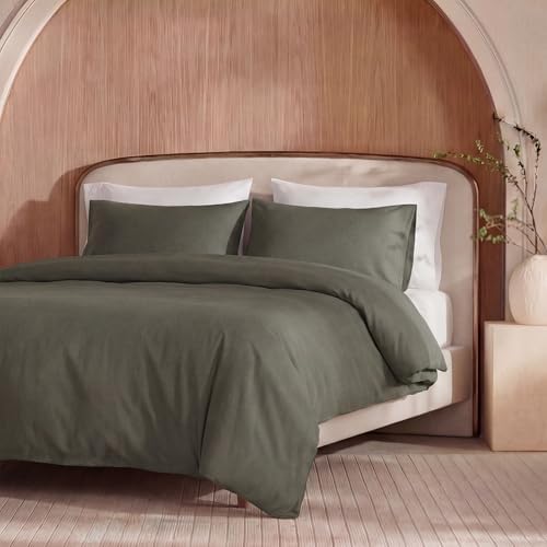 100% Washed Cotton Duvet Cover King Size – Olive Green, Linen-Like