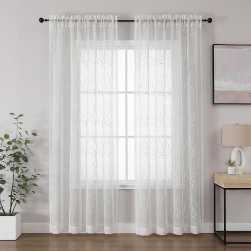 VISIONTEX White Sheer Curtains Beige Coral Branch Embroidered