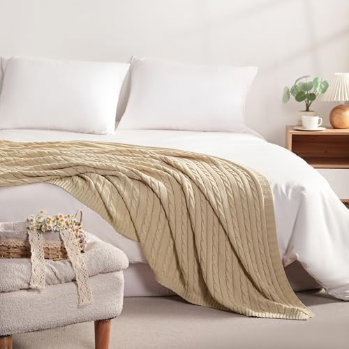 100% Cotton Cable Knit Throw Blanket, Ultra Soft, Warm, Machine