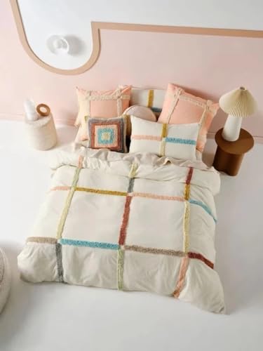 Ivory Boho Duvet Cover Queen Size, Tufted Bedding Set for All Seasons