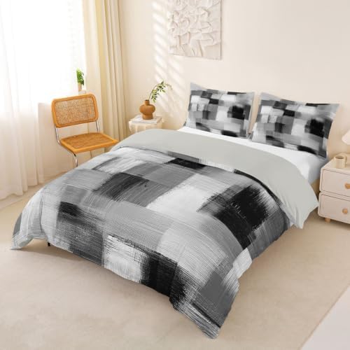 Feelyou Geometric Duvet Cover Queen Size Abstract Gray Plaid Comforter