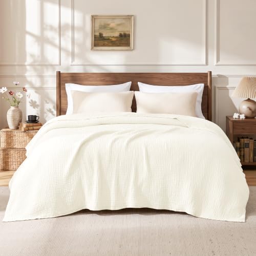 Love's cabin 100% Cotton Muslin Blanket King Size for Bed, Ivory