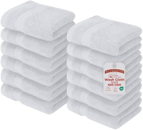 RIVERSIDE 12 Pack Premium Wash Cloths, 12x12 in, 600 GSM, White