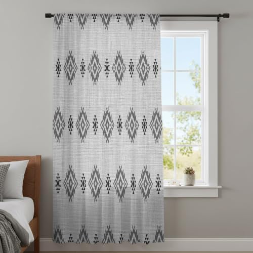 Sheer Curtains 63 Inches Long for Living Room/Bedroom, Grey Boho Rod